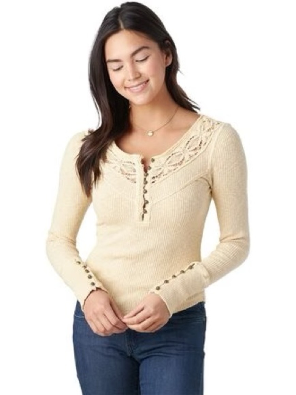 Free People FP Come On Over Henley in Cream Ecru, Size XL - Lace Ribbed Buttons